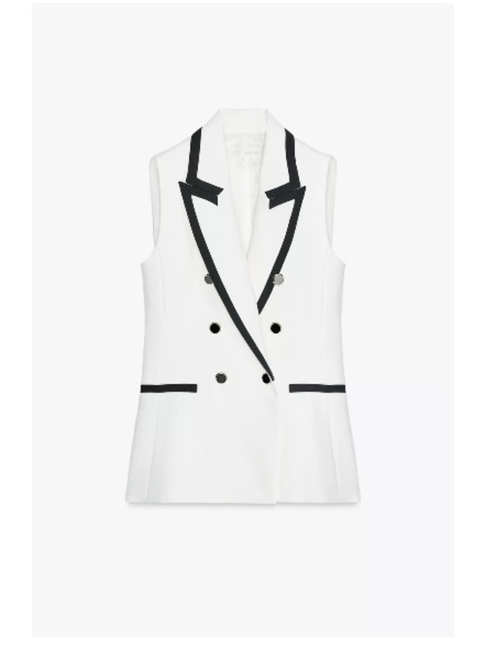 Zara White Sleeveless Double-Breasted Blazer Vest with Black Trim